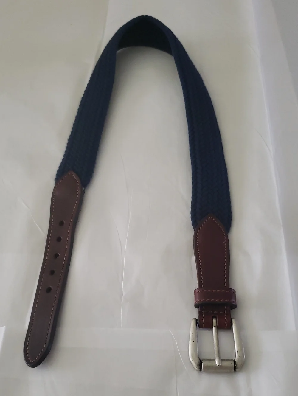 Eddie Bauer NEW Woven/Leather Trim BELT NWOT NAVY Brown Women's M